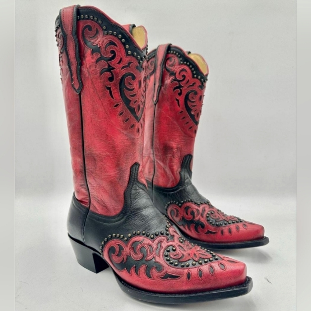 Allen's Boots Red And Black Hearts Inlay Studded Leather Western Boots Women's 7